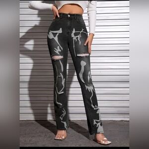 NWOT SHEIN Black and Gray Straight Leg Artistic Jeans SIZE SMALL